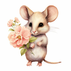 Cute mouse with flower watercolor clip art isolated on a white background (generative ai)