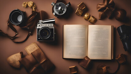 Vintage camera. book. bow and gift box on brown background