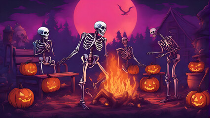 Halloween background with skeleton in front of the fire. Vector illustration.