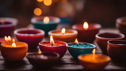 Diwali diya or oil lamps lit on colorful rangoli. Hindu festival of lights.