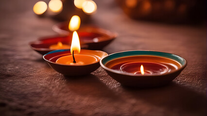 Close up of diya lamps lit during Diwali celebration.