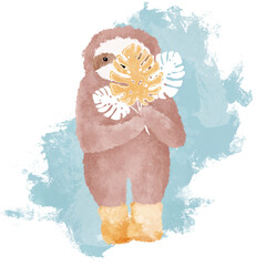 Cute baby sloth with yellow tropical leaves hand drawn illustration. Fall season art. - 654572236