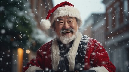 Asian Santa Claus Spreads Joy in a Victorian Christmas Scene. Generative AI.