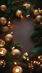 Obraz na płótnie Canvas Christmas background with fir branches. golden balls and garland lights on dark background.