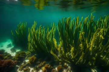Fototapeta na wymiar A bustling kelp forest, with tall, swaying seaweed stalks reaching toward the surface - AI Generative