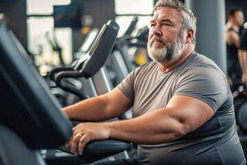 Fototapeta na wymiar Full-figured caucasian middle-aged man exercising in gym