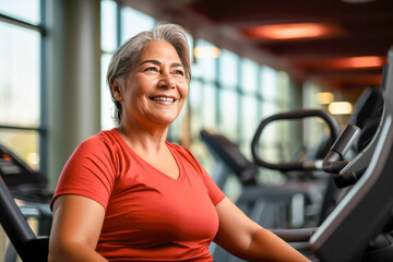 Fototapeta premium Full-figured caucasian middle-aged woman exercising in gym