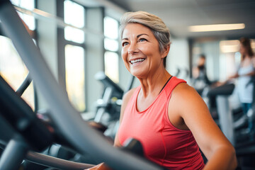 Fototapeta na wymiar Full-figured caucasian middle-aged woman exercising in gym