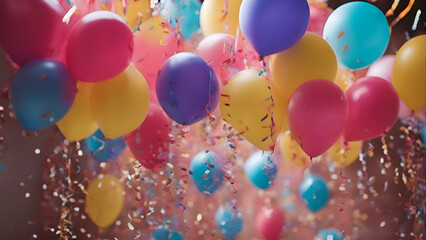 Bunch of colorful balloons with confetti and ribbons in a party