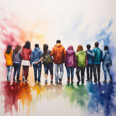 Vibrant Watercolor Painting, Group of People Standing Together Holding Hands, Generative AI