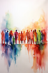 Vibrant Watercolor Painting, Group of People Standing Together Holding Hands, Generative AI