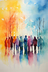 Vibrant Watercolor Painting, Group of People Standing Together Holding Hands, Generative AI