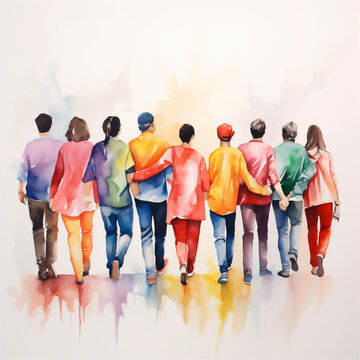 Vibrant Watercolor Painting, Group of People Standing Together Holding Hands, Generative AI