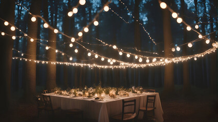 wedding table in the forest decorated with garlands and lights - obrazy, fototapety, plakaty