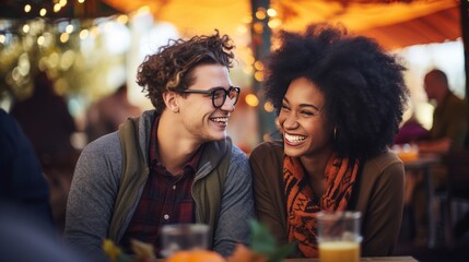 photograph of a mixed race outdoors enjoying the seasonal holiday weather on a date - obrazy, fototapety, plakaty