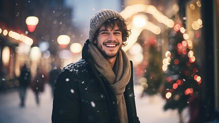 photograph of a latino man outdoors enjoying the seasonal weather - obrazy, fototapety, plakaty