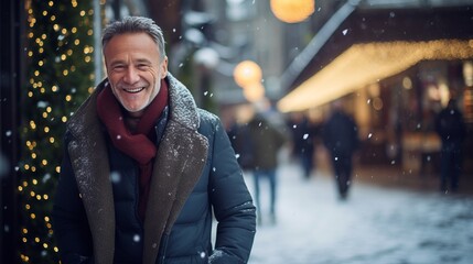 photograph of an elderly white man outdoors enjoying the seasonal winter cold weather - obrazy, fototapety, plakaty