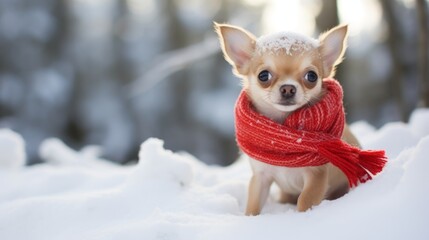 cute puppy dog frolicking in the winter snowy weather wearing a scarf and hat - obrazy, fototapety, plakaty