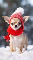 cute puppy dog frolicking in the winter snowy weather wearing a scarf and hat