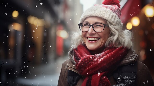 Photograph Of An Elderly White Woman Outdoors Enjoying The Cold Winter Seasonal Weather