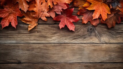 Naklejka na ściany i meble colorful autumn leaves on a wood table overhead photo