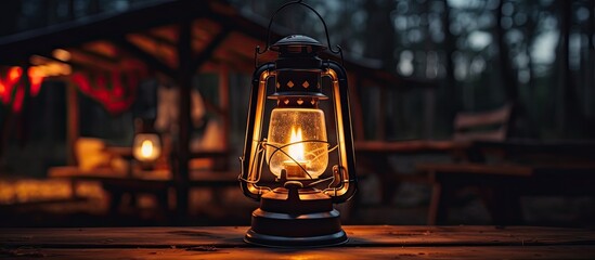 Dimly lit antique oil lamp in a dark forest focused inside tent - obrazy, fototapety, plakaty