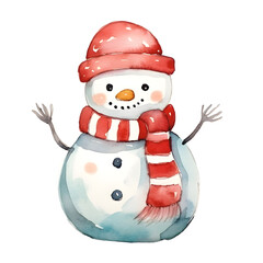 Watercolor Christmas happy snowman in red cozy scarf and red hat isolated on white background, cute character, winter season, holiday