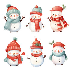 Set watercolor Christmas festive snowman in cozy scarf and hat isolated on white background, cute character, winter season, holiday