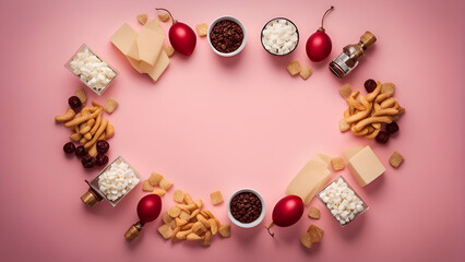 Frame made of different food and drink on pink background. top view