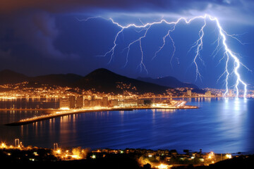 Naklejka na ściany i meble A cityscape at night, with a dramatic lightning storm, striking, cloudy sky