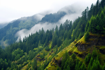 Obraz premium A mountainous landscape from a high vantage point, green trees and shrubs, coniferous, greenery, fog blankets, cliff