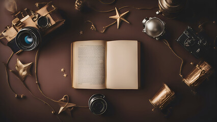 Open book. camera and golden star on brown background. top view