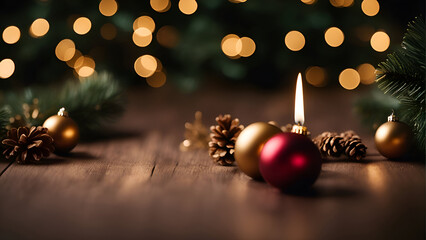 Christmas still life with burning candle and christmas tree on wooden background