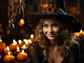 Close-up of a beautiful woman in a witch costume for Halloween
