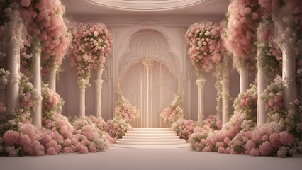 3d rendering of a stage with pink flowers and an arch in the background