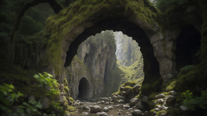 Obraz premium A majestic entrance to the kingdom of dwarves nestled within the heart of a rugged mountain - AI Generative