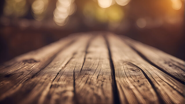 Wooden table top with natural bokeh background. stock photo