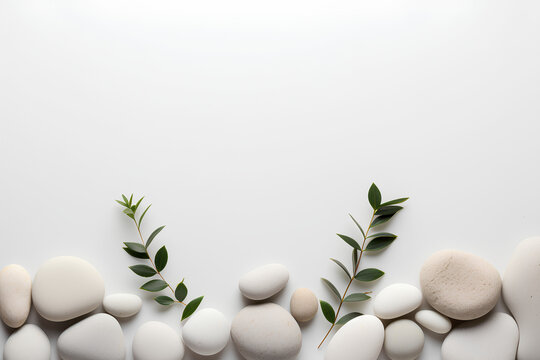 Serene Eucalyptus and Pebbles: Minimalist Botanical Background with Space for Text