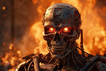 at war, robot humanoid android with artificial intelligence, fire and flames, suffering and destruction, war zone or end of the world and end of humanity or autonomous war weapon - obrazy, fototapety, plakaty
