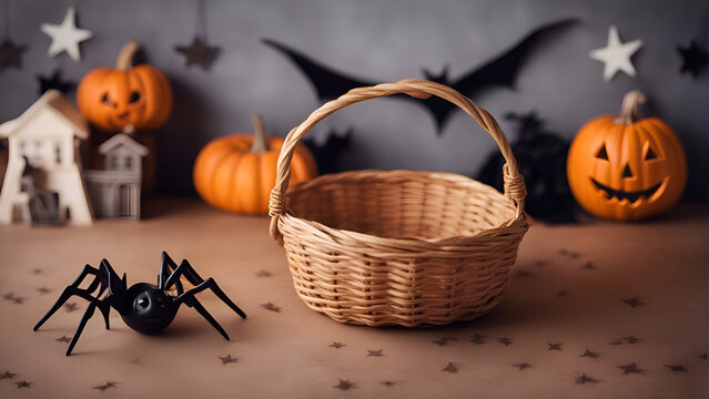 Halloween Decoration With Basket. Spiders And Bats On Rustic Background