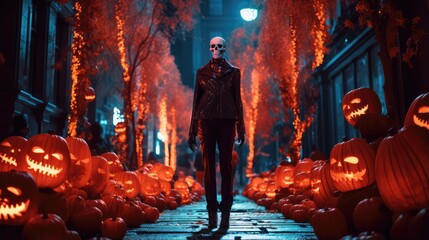 Naklejka premium Halloween decoration, a skeleton in stylish clothes on the street celebrates the world holiday of Halloween. the day of the Dead.