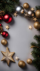Christmas background with fir tree branches. golden and red baubles and stars