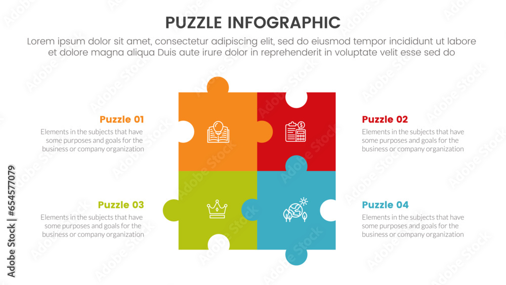 Poster puzzle jigsaw infographic 4 point stage template with square shape combination on center with descri