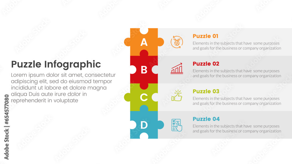 Poster puzzle jigsaw infographic 4 point stage template with long rectangle box stack on right layout with 