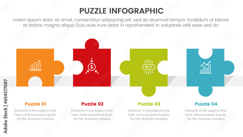 Poster puzzle jigsaw infographic 4 point stage template with horizontal direction balance with description 