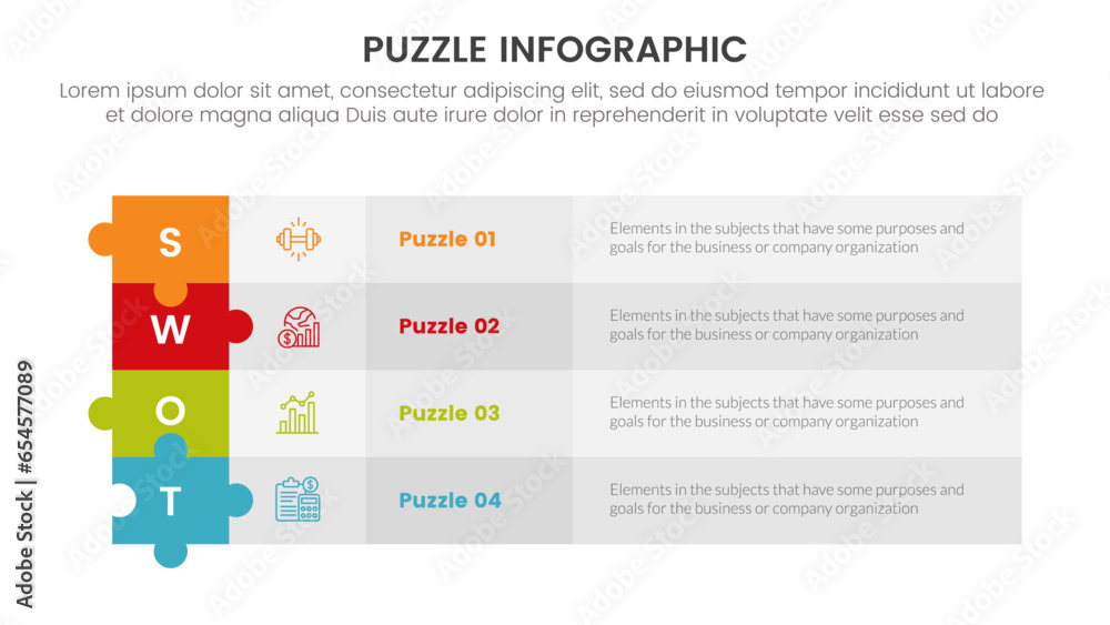 Poster puzzle jigsaw infographic 4 point stage template with long rectangle box table on center with descri