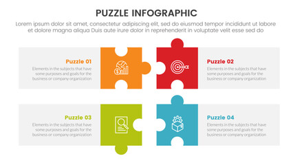 puzzle jigsaw infographic 4 point stage template with long rectangle box horizontal with description for slide presentation
