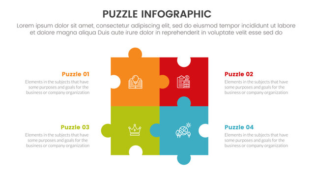 puzzle jigsaw infographic 4 point stage template with square shape combination on center with description for slide presentation