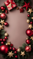 Fototapeta na wymiar Christmas background with fir branches. red and golden baubles and gift boxes
