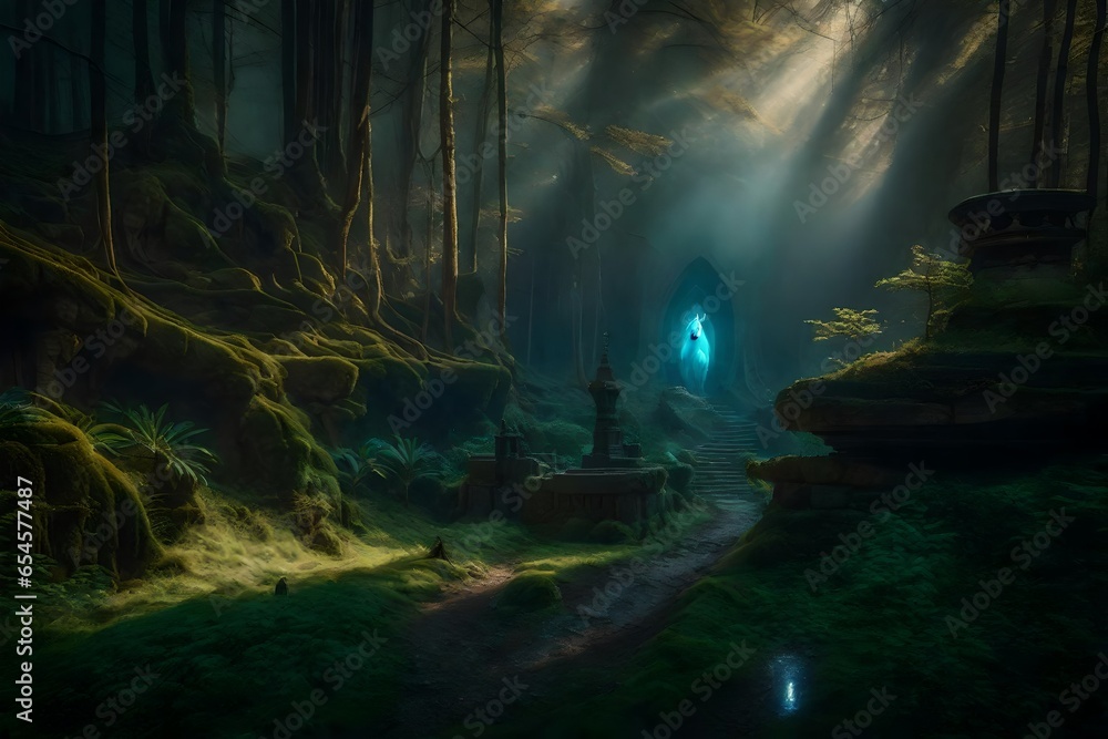 Poster a mysterious forest in a fantasy world, illuminated by a shimmering unicorn, surrounded by a real-wo